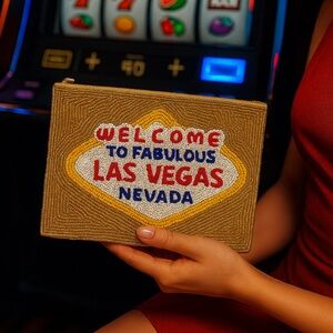 Las Vegas Beaded Clutch Purse –Handmade Gold Glitter Bag, Welcome to Vegas Sign🎰